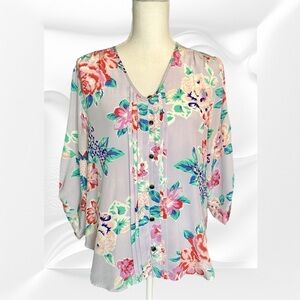 Yumi Kim Lavender Purple Floral 100% Silk Button Up Roll-Up Sleeve Blouse Size M